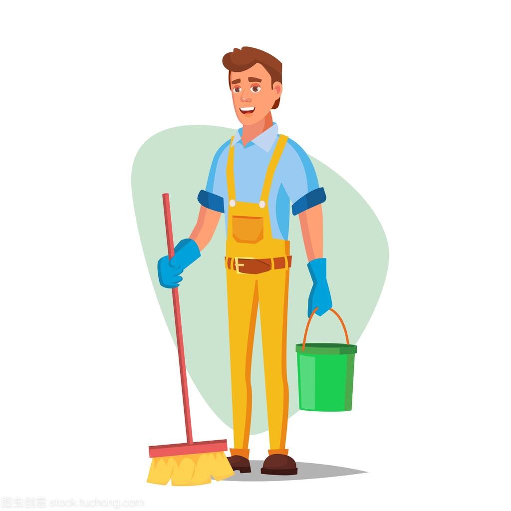 辦公室清潔服務(wù)向量。洗衣機(jī), 掃帚孤立的白色卡通人物插圖